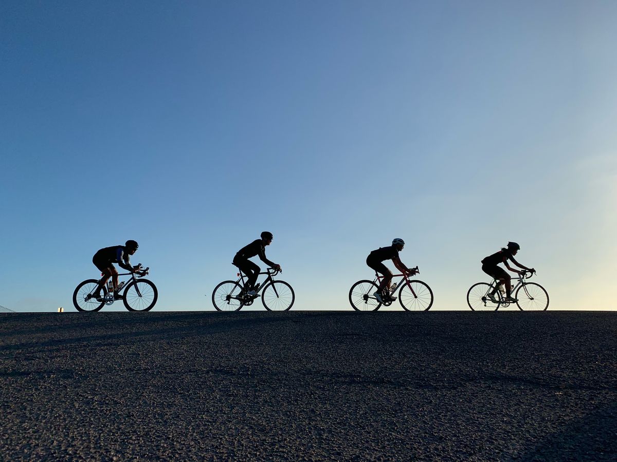 Illustration of cyclists riding together in a coordinated group formation along a coastal route